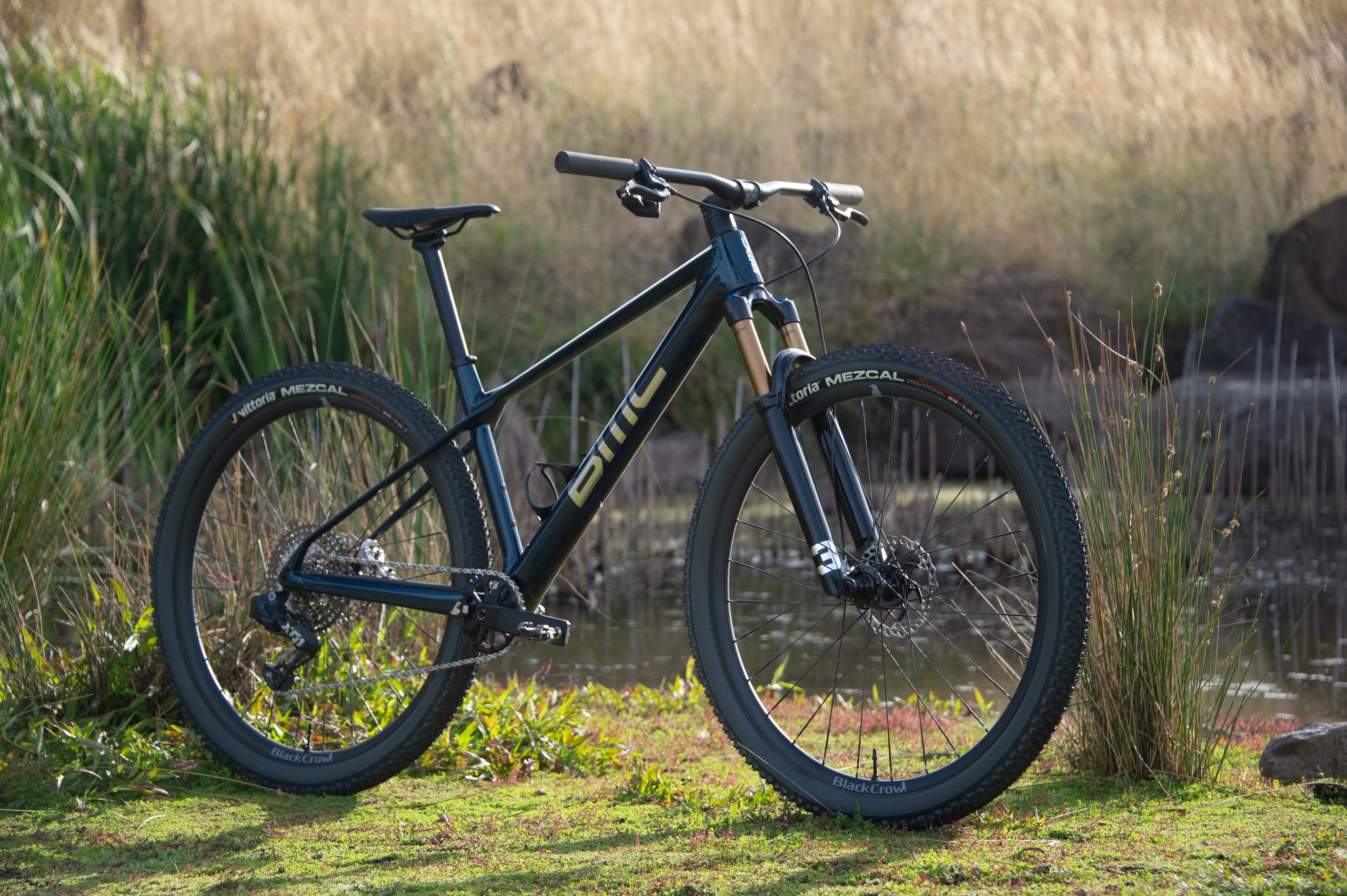 A sleek mountain bike stands on grassy terrain beside a pond.