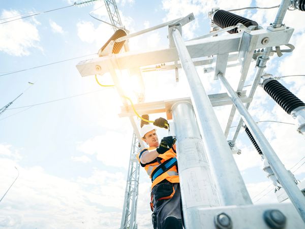 Electrical worker maintaining high-voltage power infrastructure.






