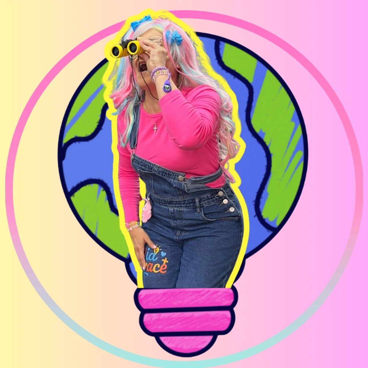 Woman in colorful wig and overalls looking through binoculars inside a lightbulb with Earth background.