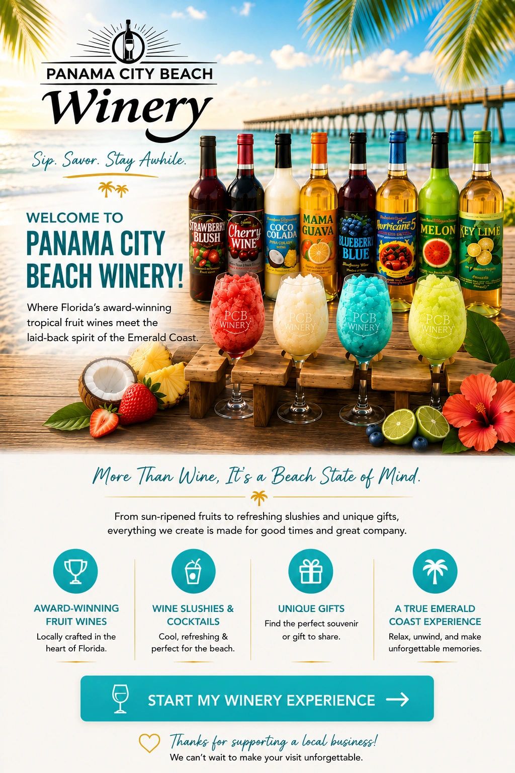 Panama City Beach Winery offering tropical fruit wines and slushies by the beach.