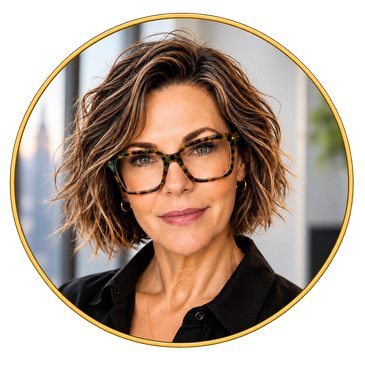 Confident woman with curly hair and trendy glasses.