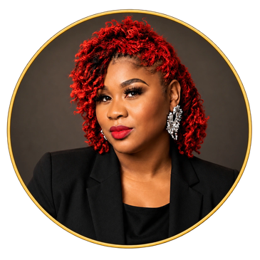 Woman with vibrant red curly hair and bold red lipstick.