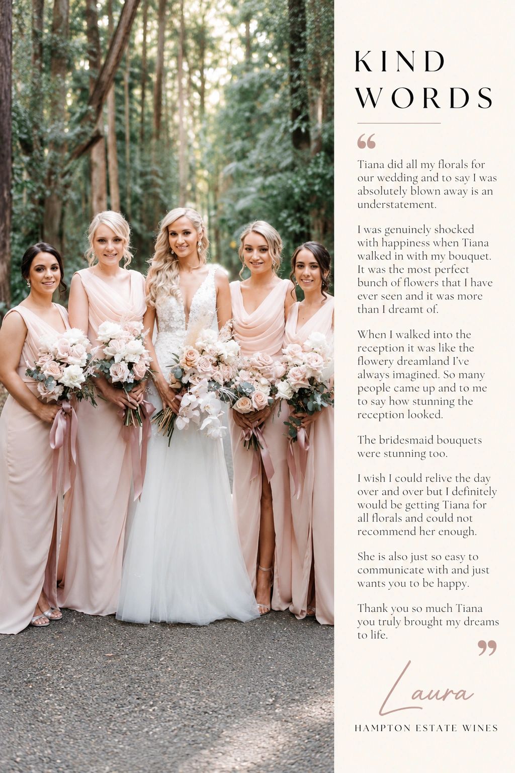 Bride and bridesmaids with floral bouquets in a woodland setting.