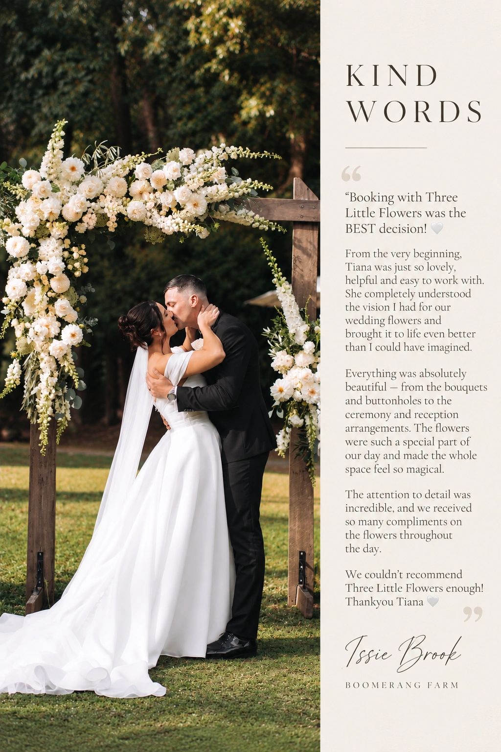 Wedding couple kisses under floral arch with glowing review beside them.