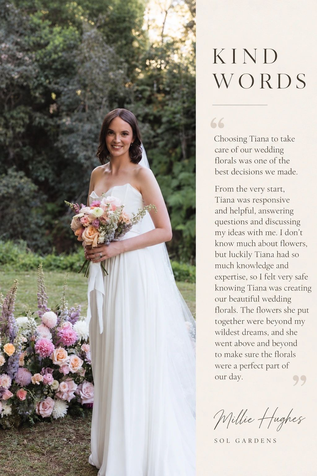 Bride holding flowers with a glowing testimonial about wedding florals.
