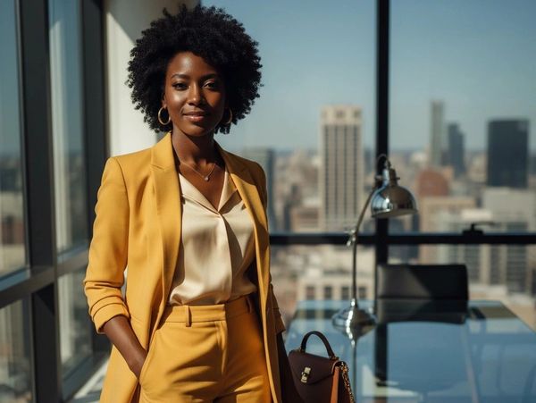 Confident woman in a yellow suit stands in a modern office with city skyline views.