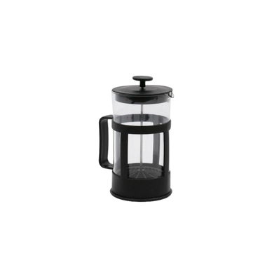 Black French press coffee maker with glass body and plunger.