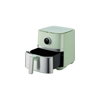 Sleek green air fryer with digital display and open basket.