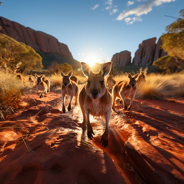 Group of Red Kangaroos jumping through the Australian bush