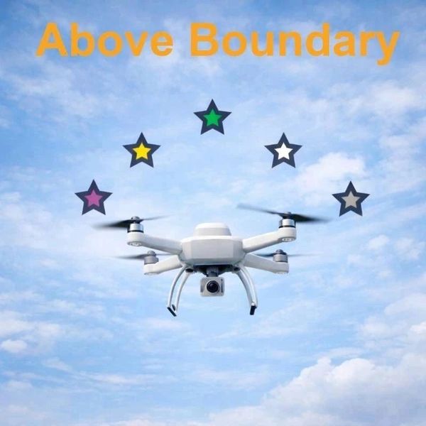 White drone flying under the text 'Above Boundary' with colorful stars in a blue sky.