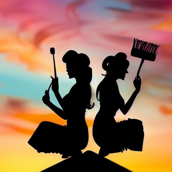 Silhouettes of 2 girls holding brushes, back to back, in front of a colorful, out of focus backdrop