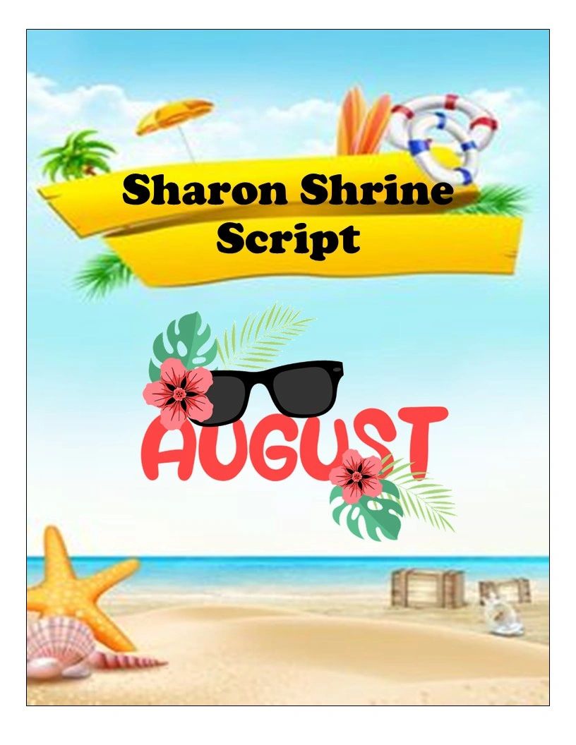 Beach-themed August script cover with tropical elements.