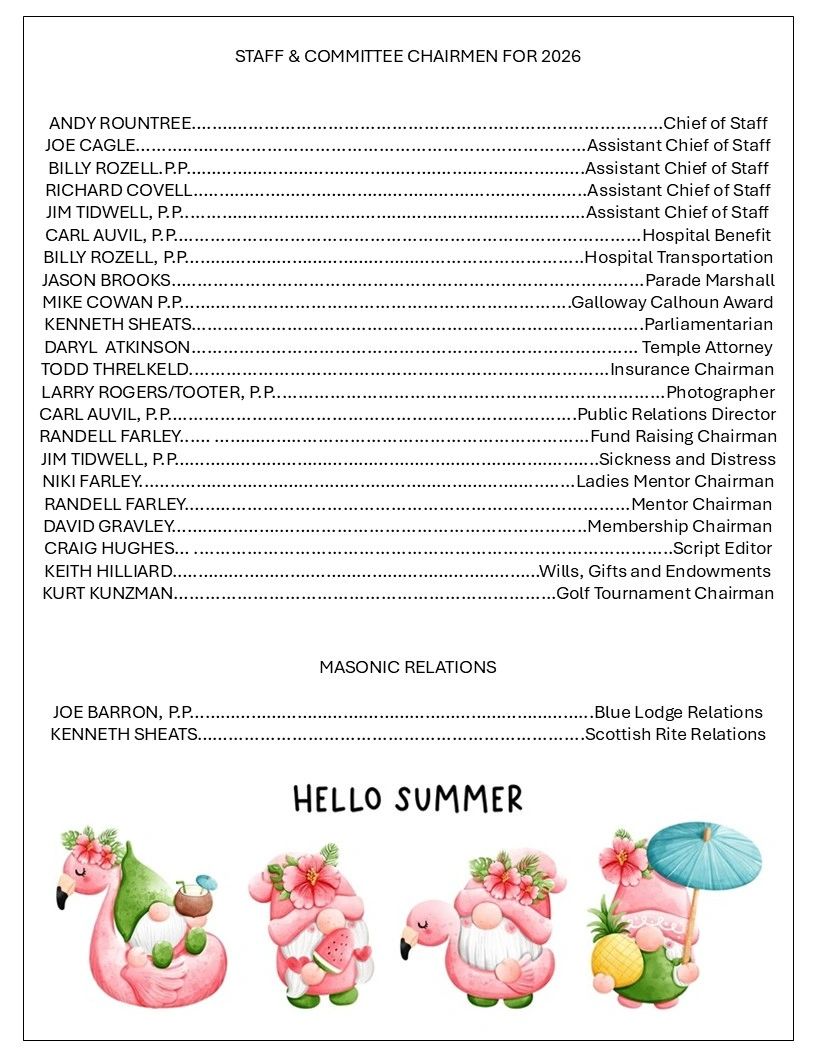 Staff and committee chairmen list for 2026 with cute summer gnome illustration.
