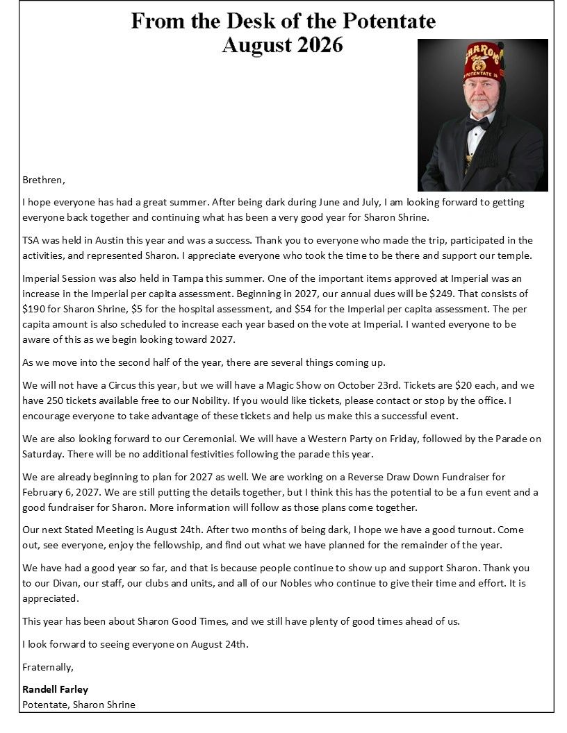 Letter from the Potentate of Sharon Shrine with updates and upcoming events.