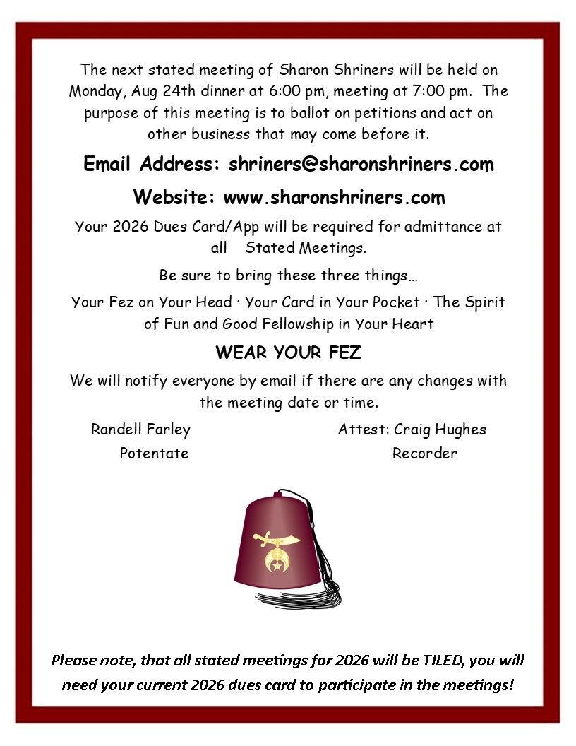 Sharon Shriners meeting notice with date, time, and important attendance instructions.