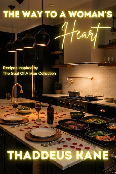Cozy romantic kitchen dinner setup with steak and wine.