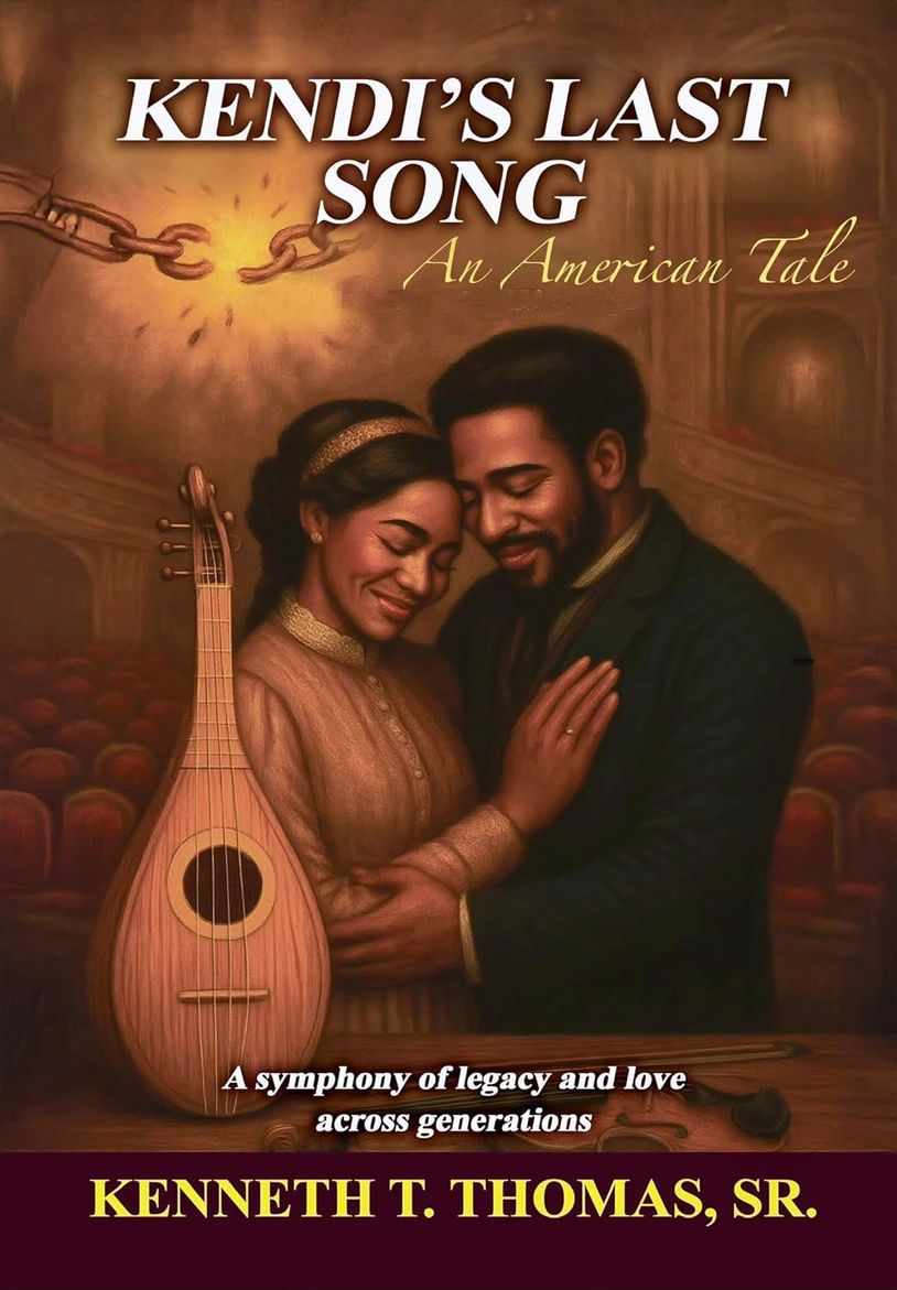 Cover of 'Kendi's Last Song,' depicting a loving couple and a musical instrument symbolizing legacy.