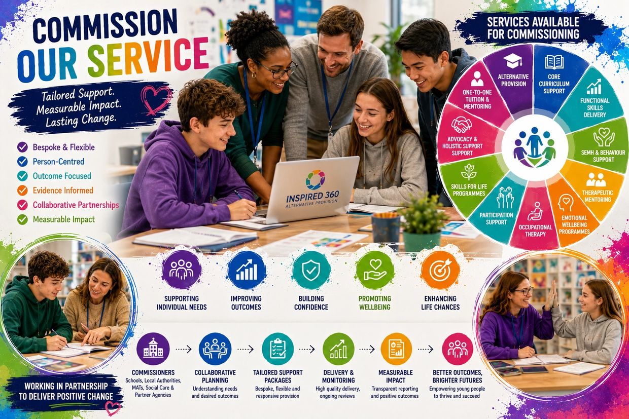 A diverse group of young people and mentors collaborating with a colorful infographic on tailored support services.