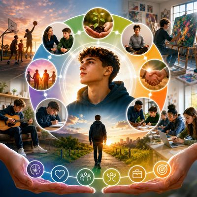 Young man exploring growth, creativity, and connection through various life experiences.