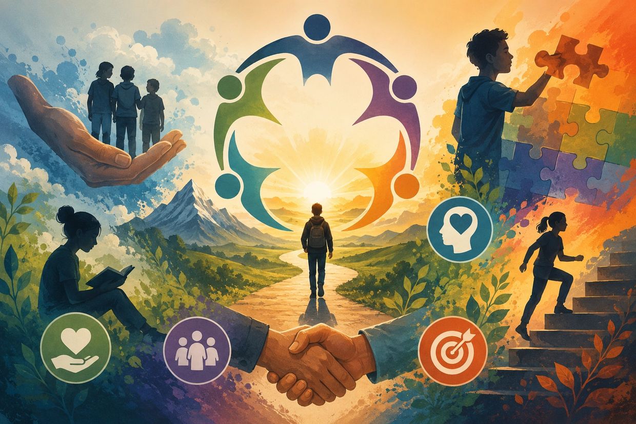 Illustration of growth, connection, and support through learning and collaboration.