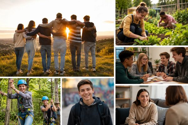 Youth enjoying friendship, outdoor activities, gardening, studying, and conversations.