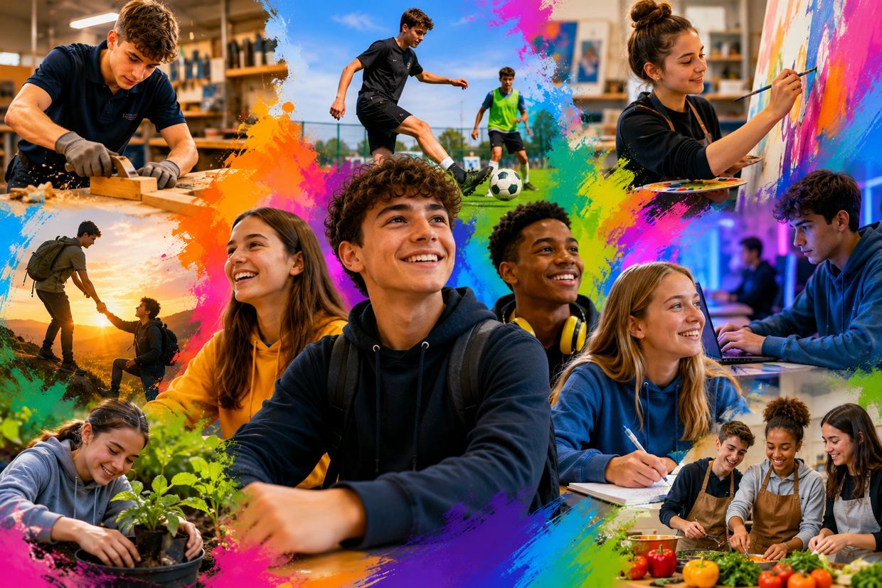 Teenagers engaged in diverse activities like sports, art, cooking, and studying.