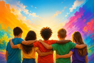 Five children with arms around each other, facing a colorful sky.