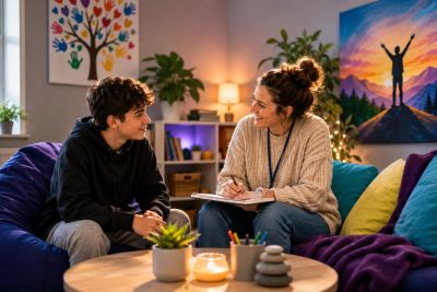 A young man and therapist having a friendly conversation in a cozy room.