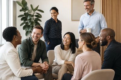 A diverse group of colleagues smiling and chatting in a casual office setting.