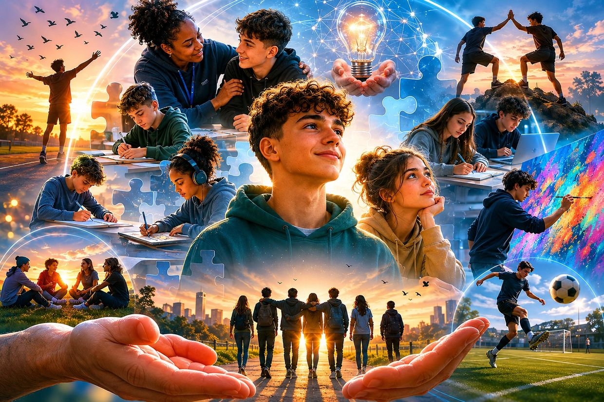 Collage of teens engaging in learning, creativity, sports, and friendship at sunset.