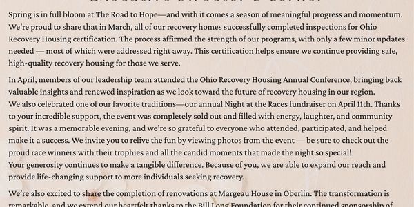 Newsletter page titled 'The Next Mile' with updates on recovery housing progress and community support.