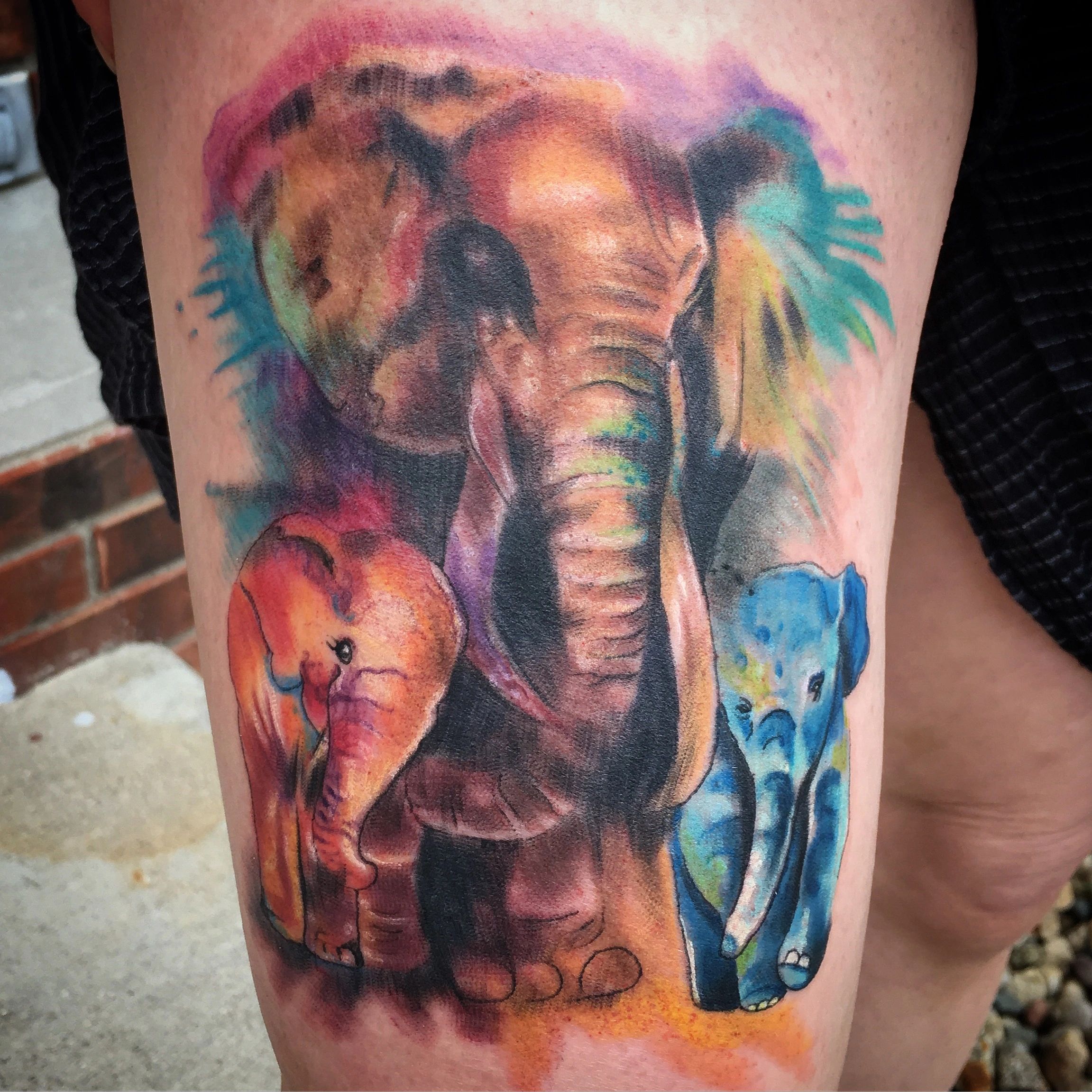 Watercolor elephants tattoo 