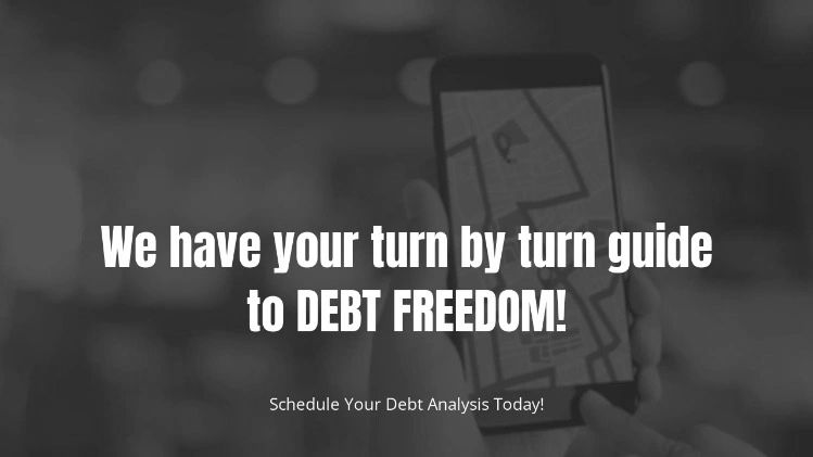 Hand holding GPS with the caption, "We have your turn by turn guide to Debt Freedom!"