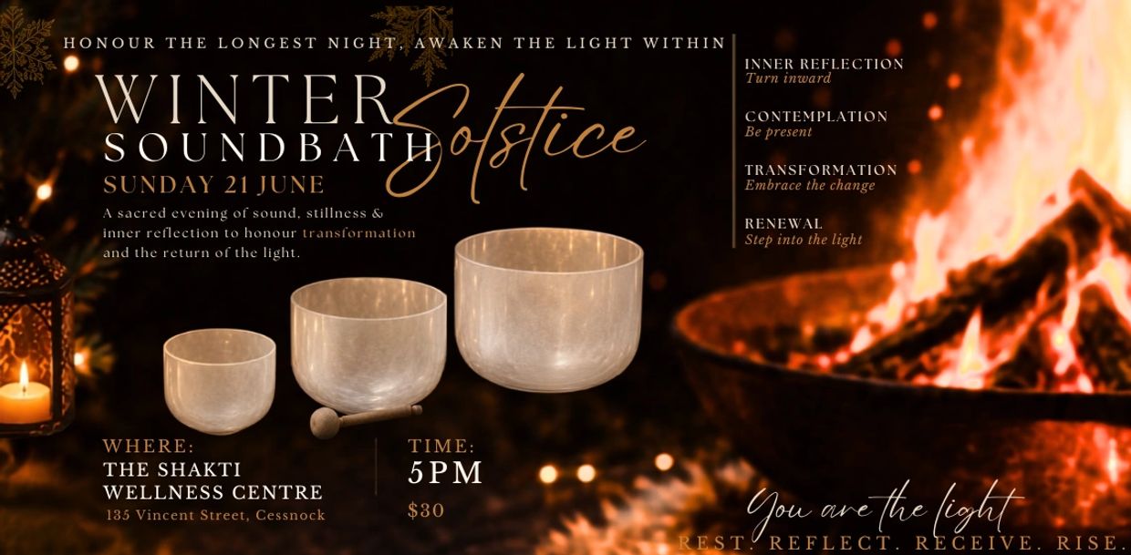Winter Solstice Soundbath event with crystal bowls by a fire at Shakti Wellness Centre.