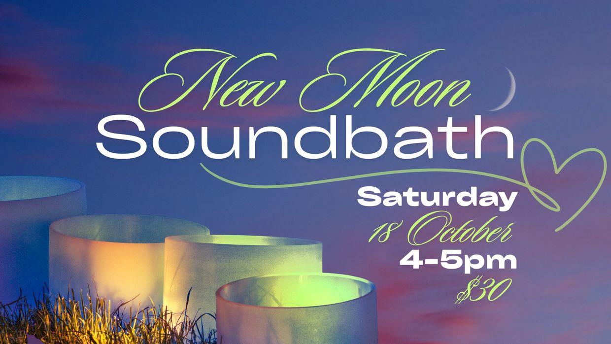 New Moon Soundbath event details with glowing bowls and crescent moon.