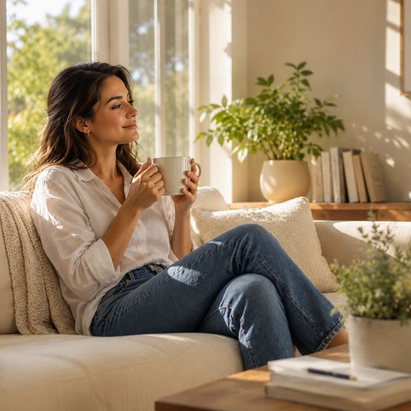Woman enjoying a peaceful moment with a cup of coffee on a cozy couch.