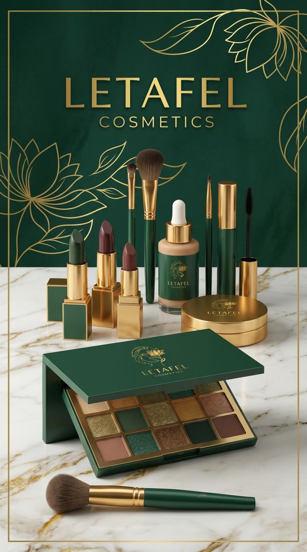 Elegant Letafel Cosmetics collection with green and gold packaging on marble.