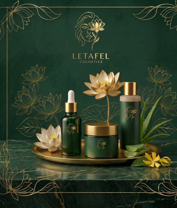 Elegant Letafel Cosmetics set with gold and green lotus-themed packaging on a marble surface.
