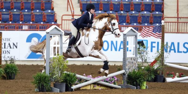 Young rider and pony clear a jump in an indoor equestrian event.