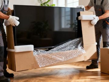 Two movers carefully carry a large flat-screen TV with protective padding and bubble wrap.