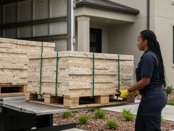 Worker unloading stacked wooden pallets with insulation panels from a truck.