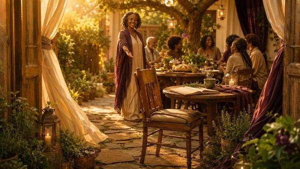 Woman inviting guests to a warm outdoor dinner.