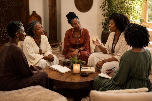 Group of women engaged in a meaningful discussion around a table.