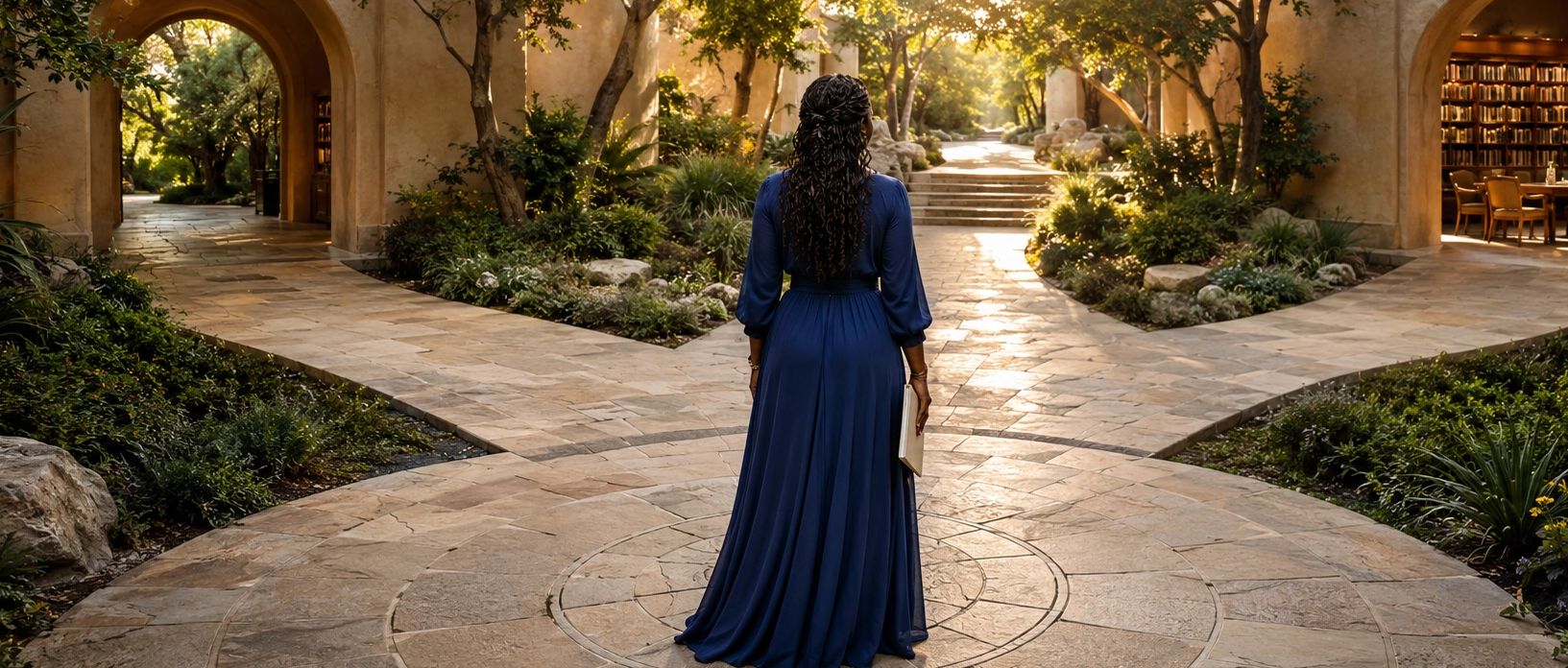 Woman in blue dress stands at a garden forked path.