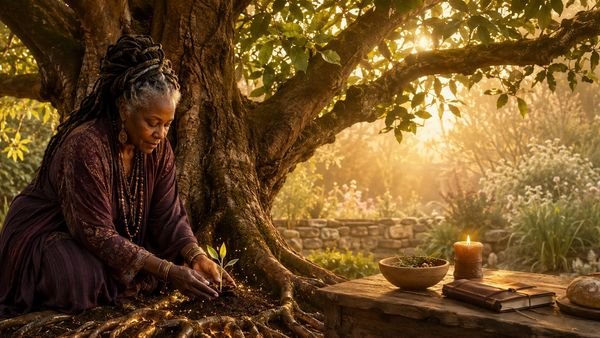 Woman planting a seedling in a sunlit garden.