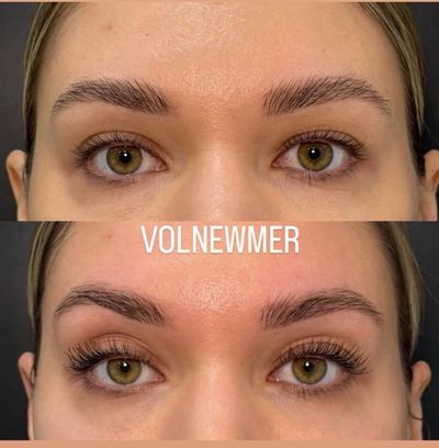 Before and after eyelash enhancement showing fuller lashes.