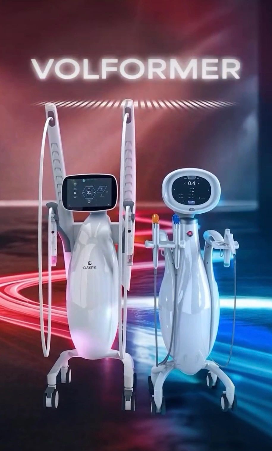 Two futuristic white medical or cosmetic machines labeled "VOLFORMER" on wheels with digital screens and attachments.