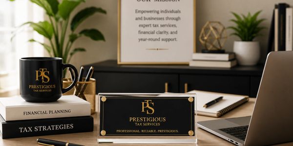 Elegant office desk setup with Prestigious Tax Services branding and financial planning books.