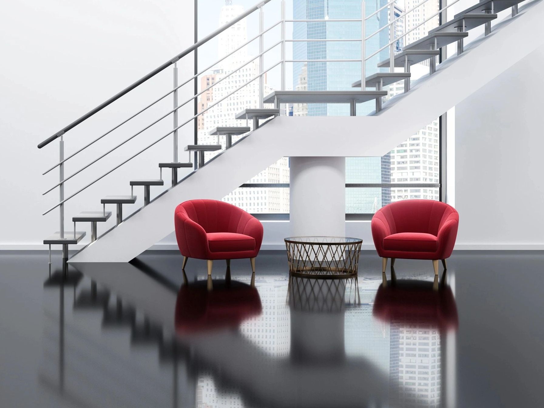 Modern interior with red chairs and sleek staircase.