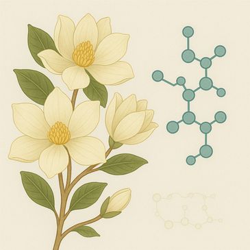 Illustration of a magnolia flower with molecular structures beside it.
